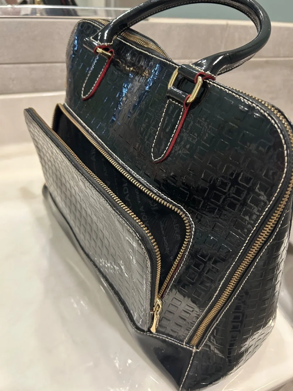 Quiet luxury Arcadia Italy black patent leather satchel work bag
